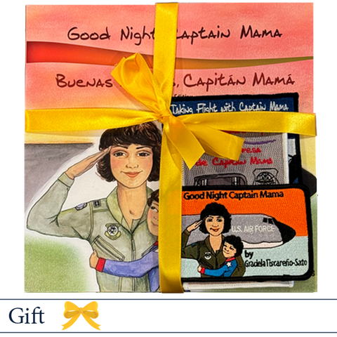 Captain Mama gift pack includes one copy of three paperbacks, one patch for each book, and tied with one reusable yellow ribbon.