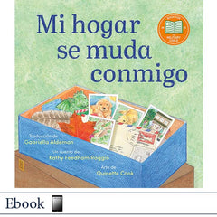 Children's book cover for 'Mi hogar se muda conmigo' showing an illustrated blue box filled with postcards, photos, and letters on a light green textured background. The cover includes an orange 'Book for the Military Child' badge from United Through Reading.