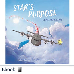Children's book cover titled "STAR'S PURPOSE: A MILITARY MISSION" showing a military plane flying through clouds with red and white stars trailing behind it. 